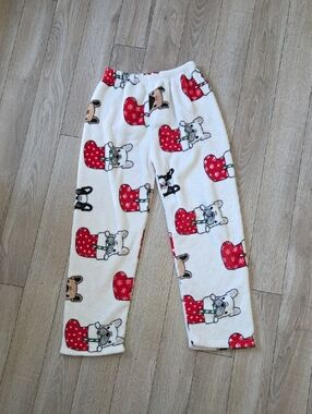 Women’s White Fleece Pajama Pants French Bulldogs Fits Small
